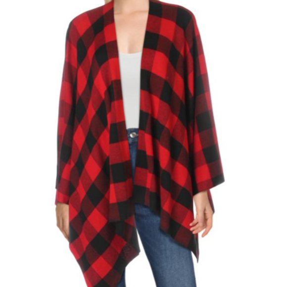 Lauren Ralph Lauren Women's Buffalo Plaid Layering Poncho Sweater Red/Black S/M - Picture 1 of 16
